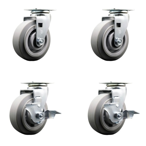 5 Inch Thermoplastic Rubber Swivel Caster Set with Roller Bearings 2 Brakes